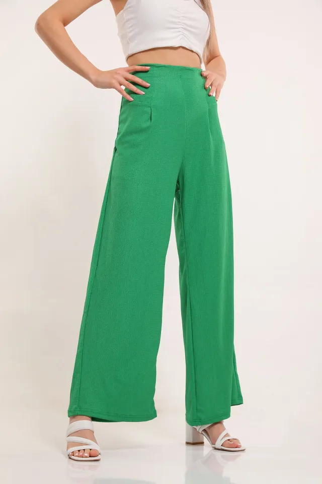 Kadın Cepli Fermuar Detaylı Bol Paça Pantolon Yeşil