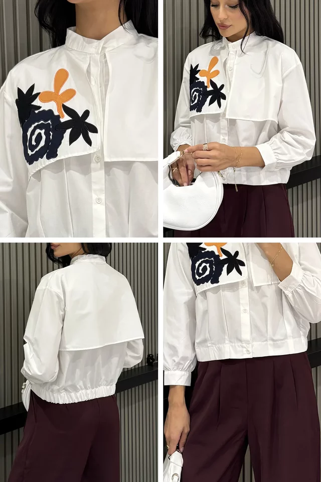 Kadın Çiçek İşlemeli Crop Top Gömlek