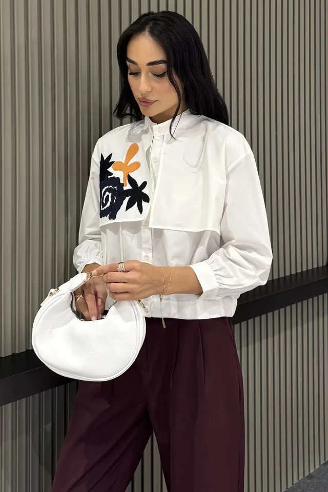 Kadın Çiçek İşlemeli Crop Top Gömlek - 1