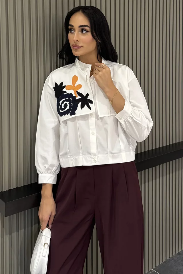 Kadın Çiçek İşlemeli Crop Top Gömlek - 2