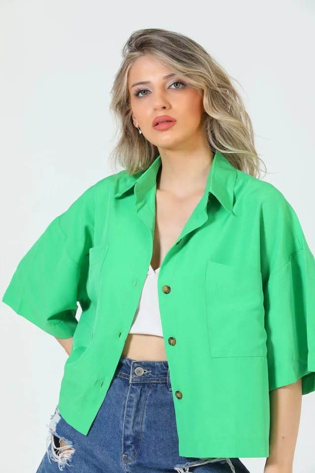 Kadın Çift Cepli Oversize Crop Gömlek Yeşil