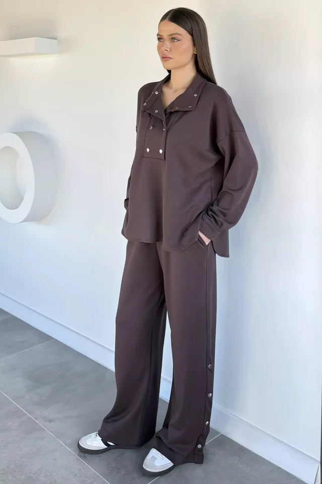 Kadın Çıtçıt Detaylı Sweat Bel Lastikli Pantolon İkili Takım - 1