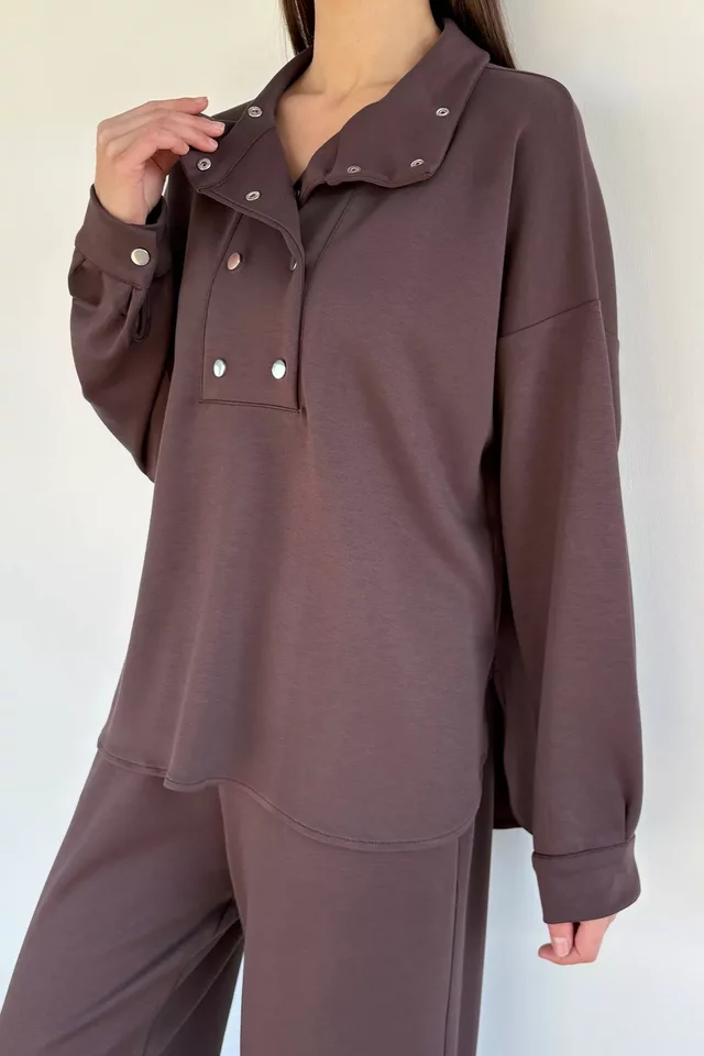 Kadın Çıtçıt Detaylı Sweat Bel Lastikli Pantolon İkili Takım
