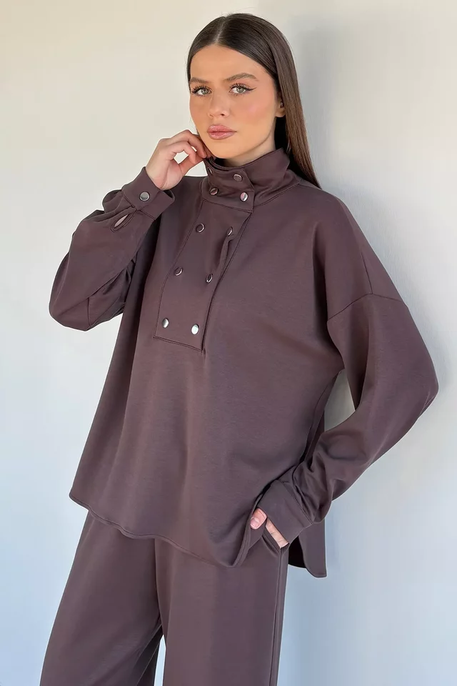 Kadın Çıtçıt Detaylı Sweat Bel Lastikli Pantolon İkili Takım