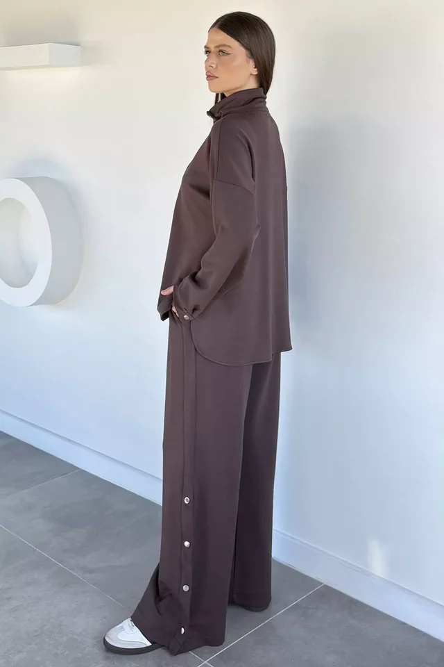Kadın Çıtçıt Detaylı Sweat Bel Lastikli Pantolon İkili Takım
