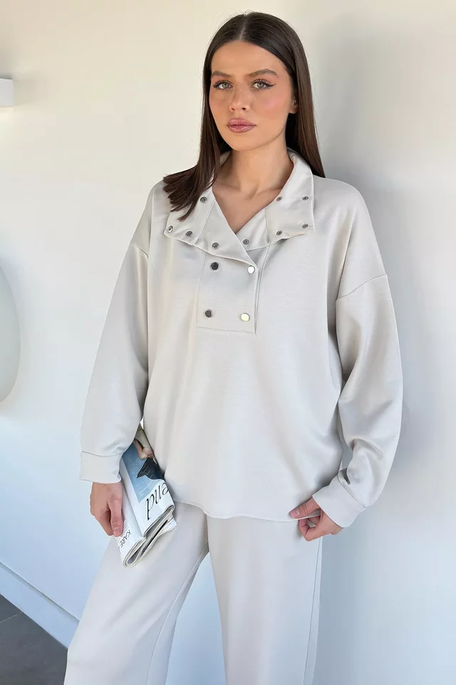 Kadın Çıtçıt Detaylı Sweat Bel Lastikli Pantolon İkili Takım - 2