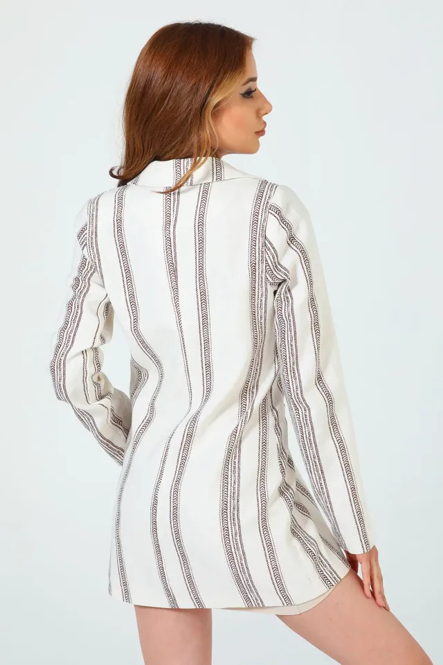 Kadın Çizgi Desenli Sahte Cep Detaylı Blazer Ceket Kremkahve