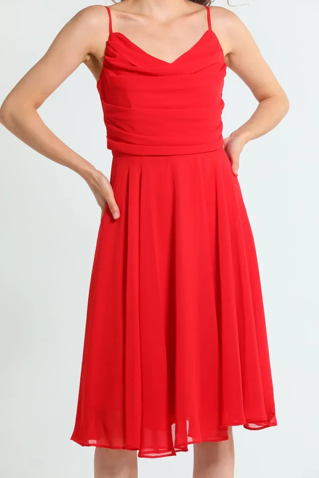 Kadın Degaje Yaka Ayarlanabilir Askılı Şifon Abiye Elbise Kırmızı