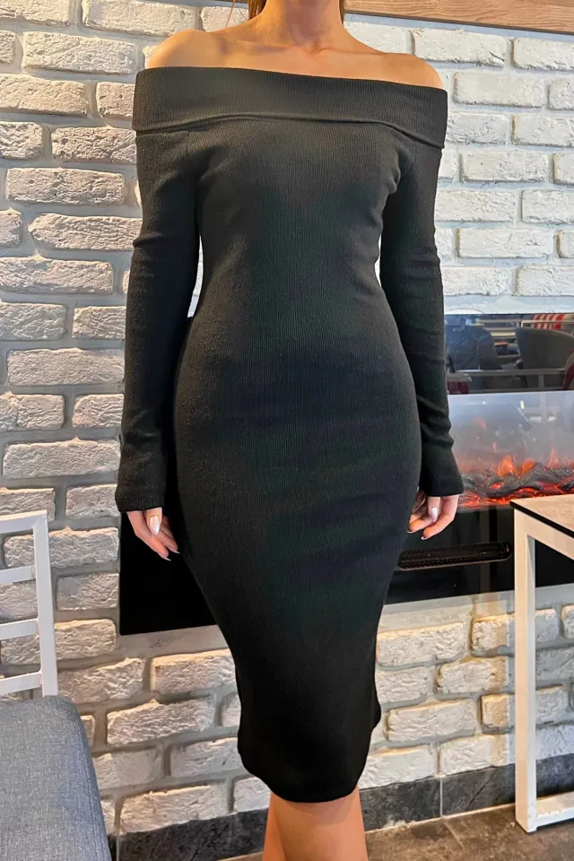 Kadın Madonna Yaka Fitilli Kaşkorse Elbise Siyah
