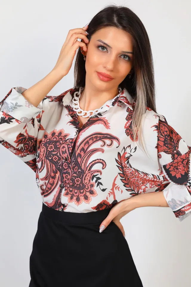Kadın Desenli Gömlek (40-44 Beden Aralığında Uyumludur) Kremkahve