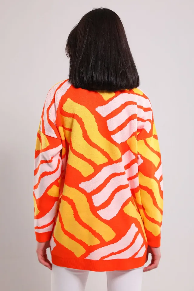 Kadın Desenli Oversize Triko Tunik Orange