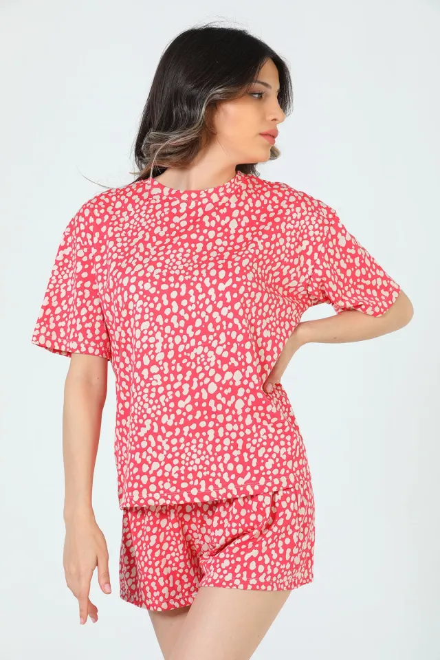 Kadın Desenli Şortlu Pijama Takımı Nar Çiçeği