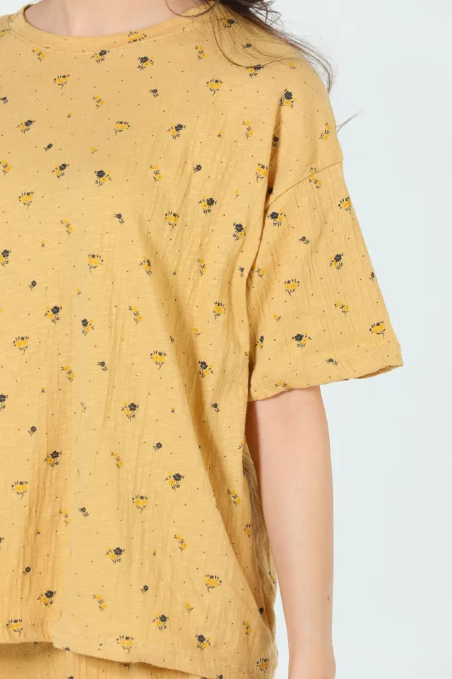 Kadın Desenli Şortlu Pijama Takımı Sarı
