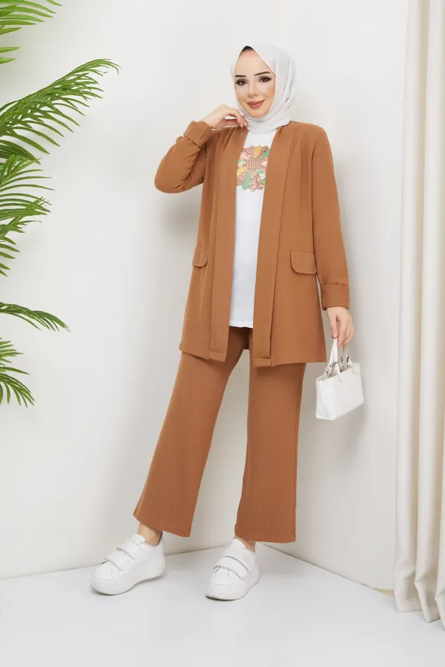 Kadın Desenli Tunik Pantolon Bluz Tesettür Üçlü Takım Bisküvi