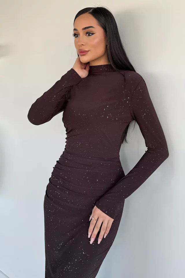 Kadın Dik Yaka Bel Ve Omuz Büzgülü Yırtmaç Detaylı Işıltılı Abiye