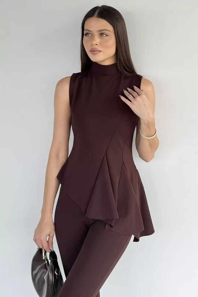 Kadın Dik Yaka Bluz Bel Lastikli Paça Büzgülü Pantolon İkili Takım