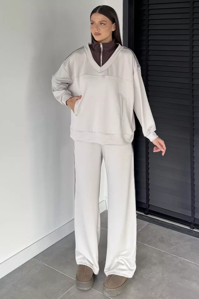 Kadın Dik Yaka Yarım Fermuarlı Sweat Bel Lastikli Palazzo Pantolon İkili Takım - 1