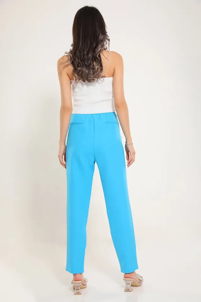 Kadın Düğme Detaylı Cepli Bol Paça Pantolon Mavi