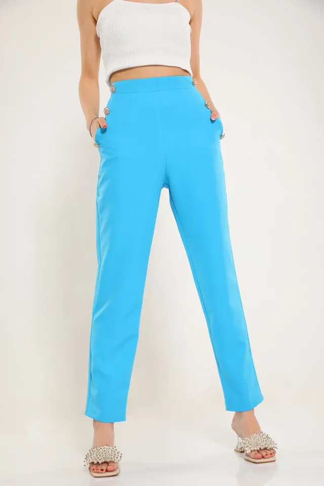 Kadın Düğme Detaylı Cepli Bol Paça Pantolon Mavi