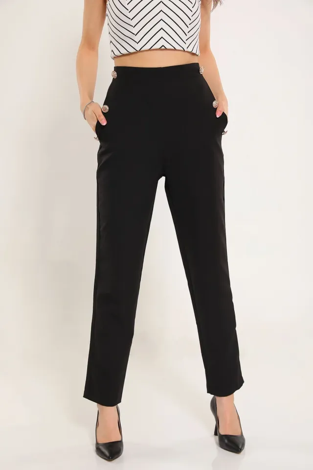 Kadın Düğme Detaylı Cepli Bol Paça Pantolon Siyah