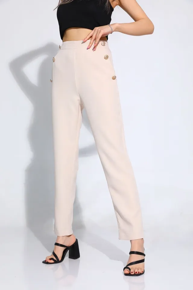 Kadın Düğme Detaylı Cepli Bol Paça Pantolon Taş