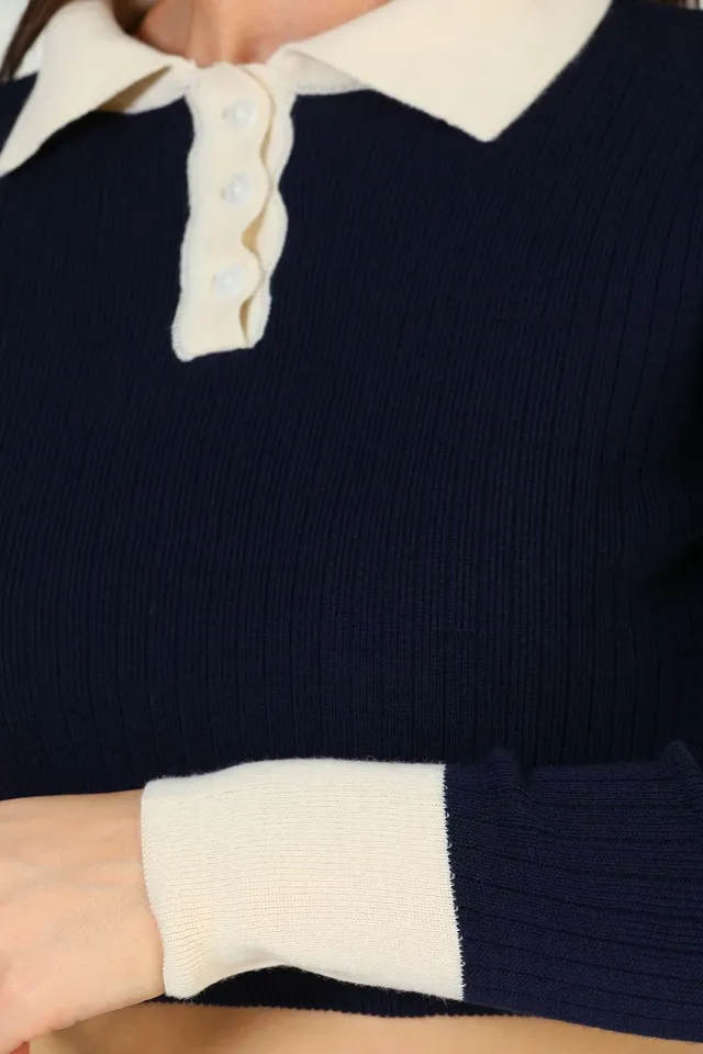 Kadın Düğme Detaylı Crop Triko Bluz Lacivert