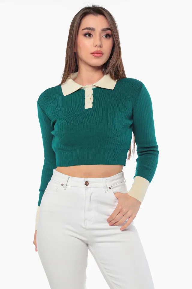 Kadın Düğme Detaylı Crop Triko Bluz Yeşil