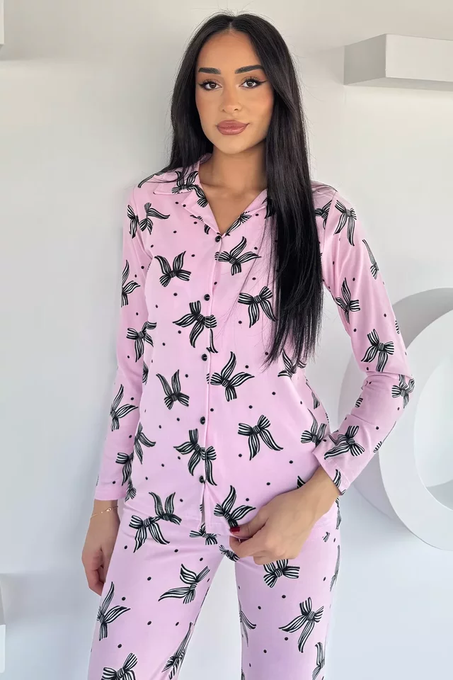 Kadın Düğmeli Desenli Süet Pijama Takımı - 2