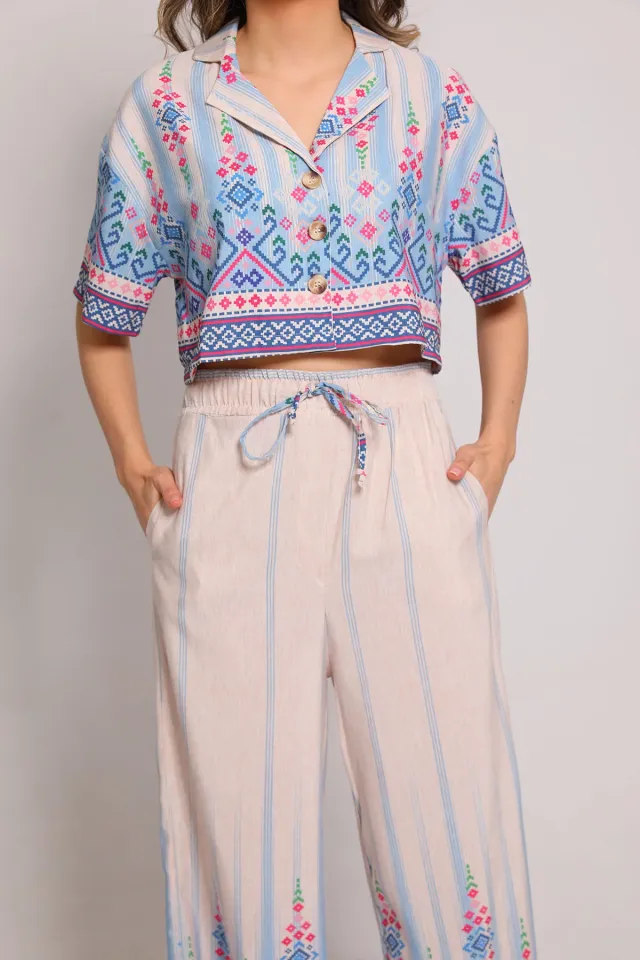 Kadın Etnik Desenli Crop Ceket Pantolon İkili Takım Bebemavisi