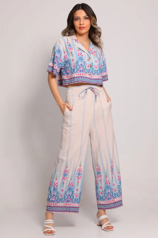 Kadın Etnik Desenli Crop Ceket Pantolon İkili Takım Bebemavisi