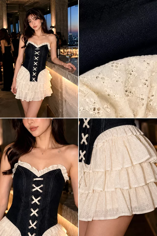 Kadın Fisto Detaylı Denim Korse Bluz Etek İkili Takım