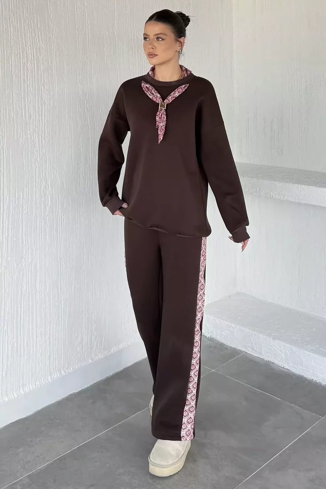 Kadın Fular Aksesuarlı Bisiklet Yaka Şardonlu Sweat Bel Lastikli Pantolon İkili Takım - 1