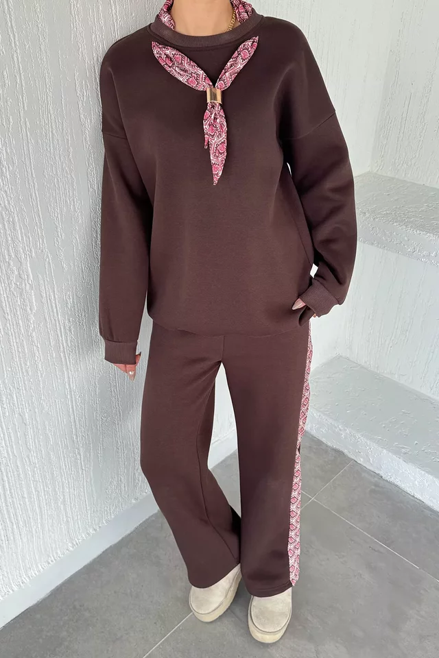 Kadın Fular Aksesuarlı Bisiklet Yaka Şardonlu Sweat Bel Lastikli Pantolon İkili Takım - 2