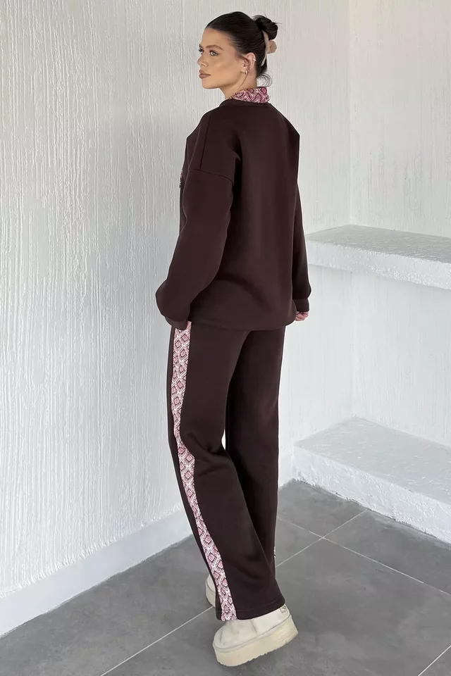 Kadın Fular Aksesuarlı Bisiklet Yaka Şardonlu Sweat Bel Lastikli Pantolon İkili Takım