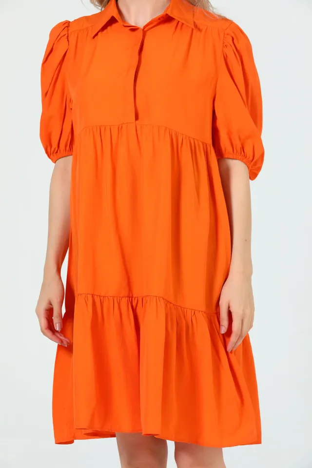 Kadın Gömlek Yaka Balon Kol Elbise Orange