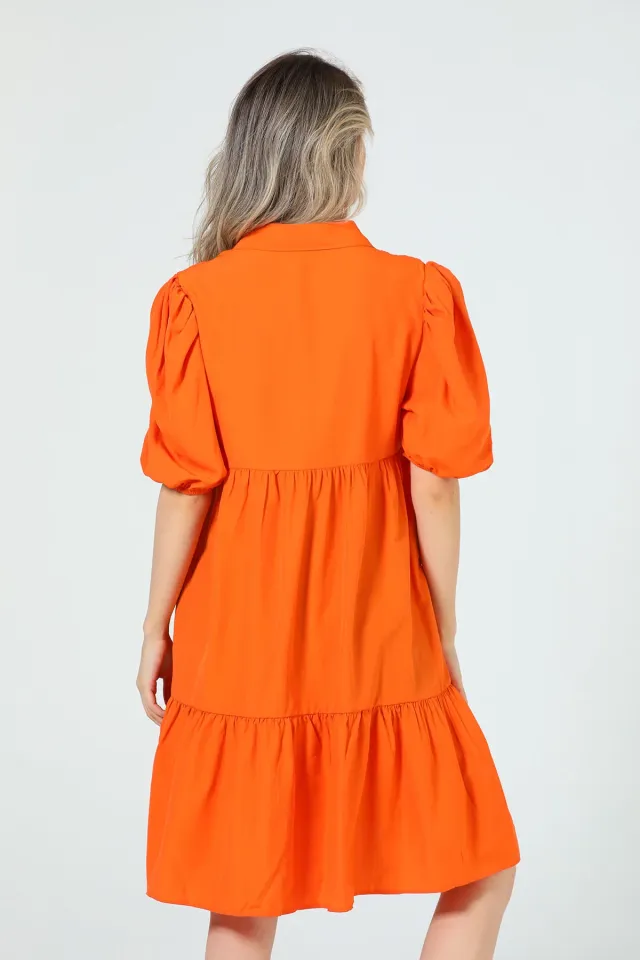 Kadın Gömlek Yaka Balon Kol Elbise Orange