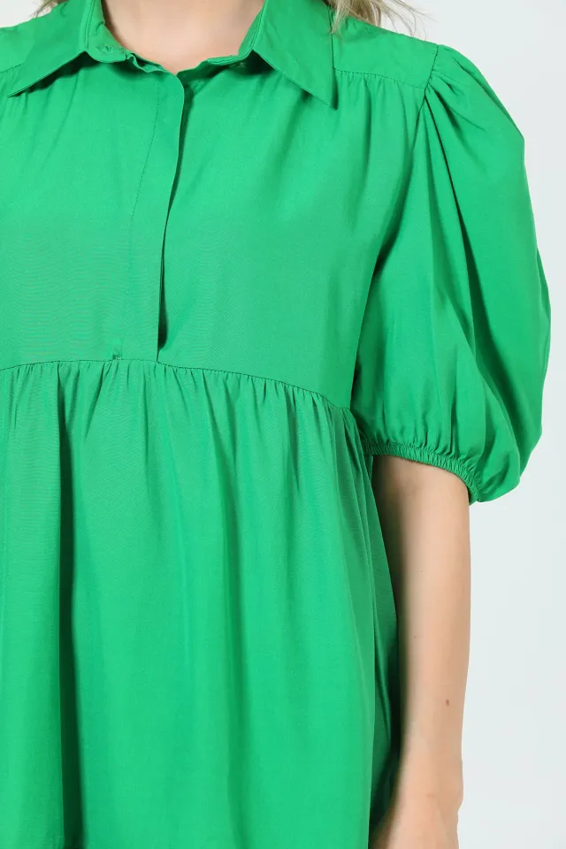 Kadın Gömlek Yaka Balon Kol Elbise Yeşil