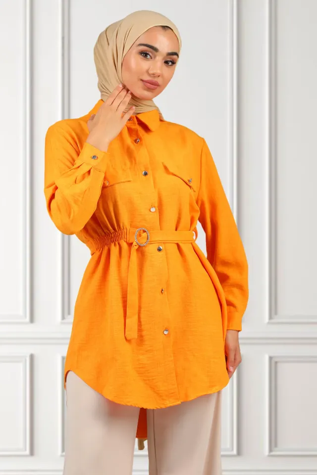 Kadın Gömlek Yaka Bel Lastikli Kuşak Detaylı Tesettür Tunik Orange
