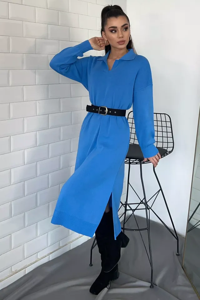 Kadın Gömlek Yaka Yırtmaçlı Triko Elbise Mavi