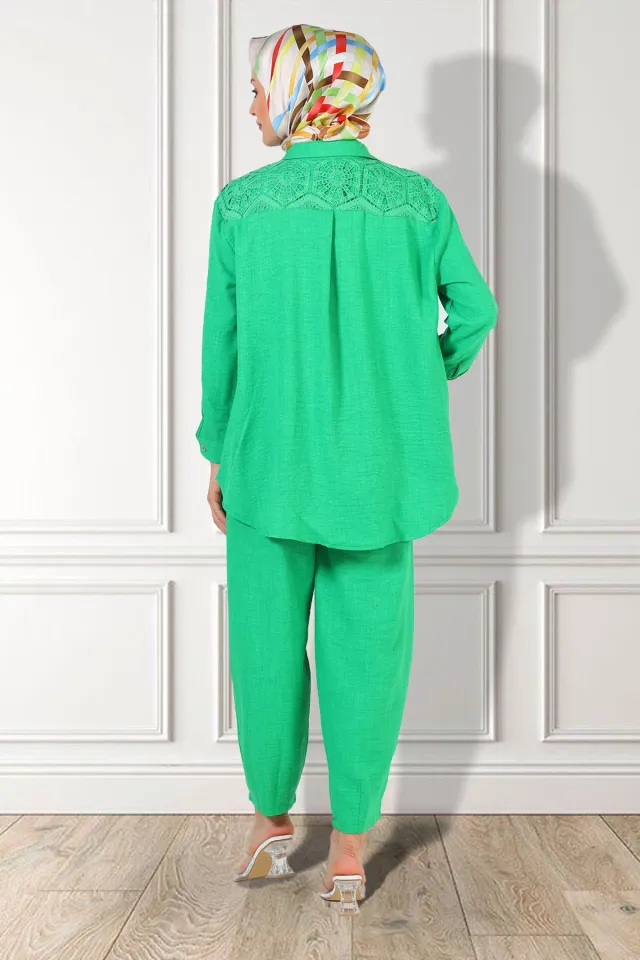 Kadın Güpürlü Tesettür Gömlek Pantolon İkili Takım Yeşil
