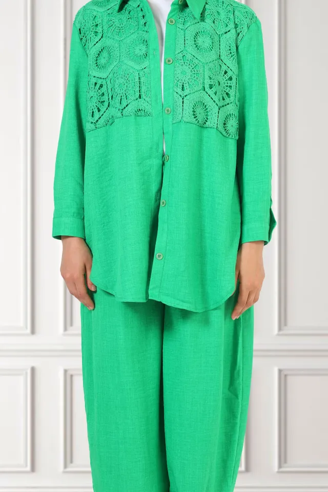 Kadın Güpürlü Tesettür Gömlek Pantolon İkili Takım Yeşil