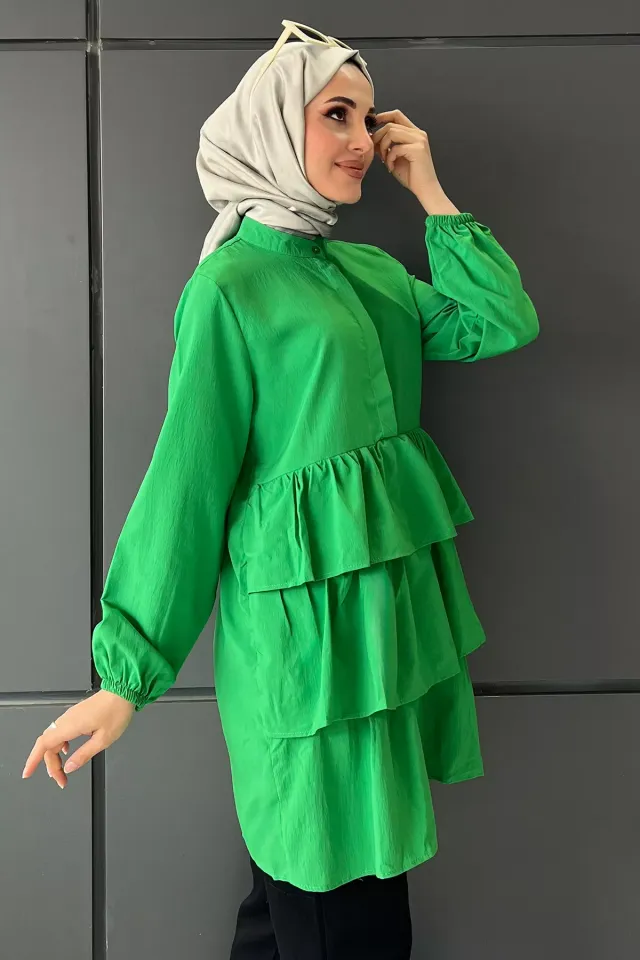 Kadın Hakim Yaka Ön Düğme Detaylı Etek Fırfırlı Tunik Yeşil
