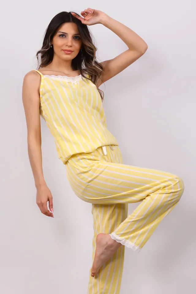 Kadın İnce Askılı Çizgi Desenli Pijama Takımı Sarı