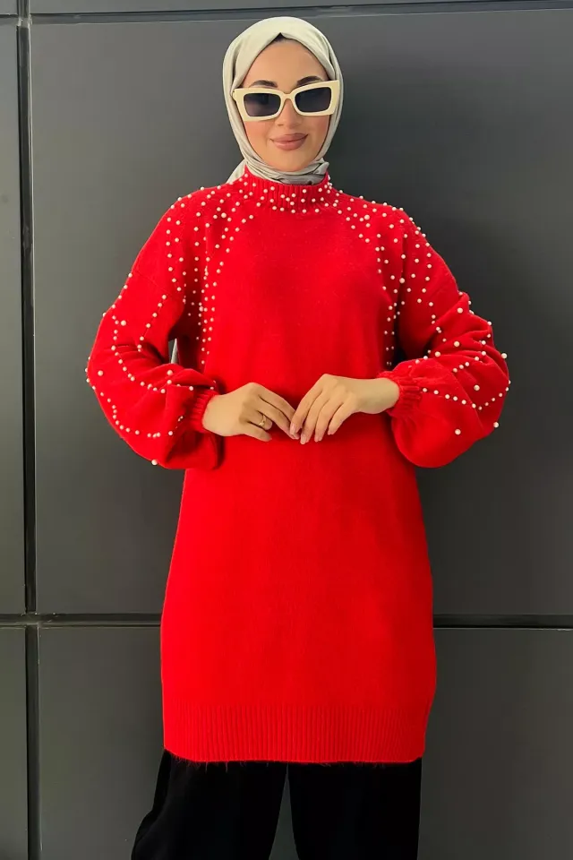 Kadın İnci Detaylı Tesettür Triko Tunik Kırmızı