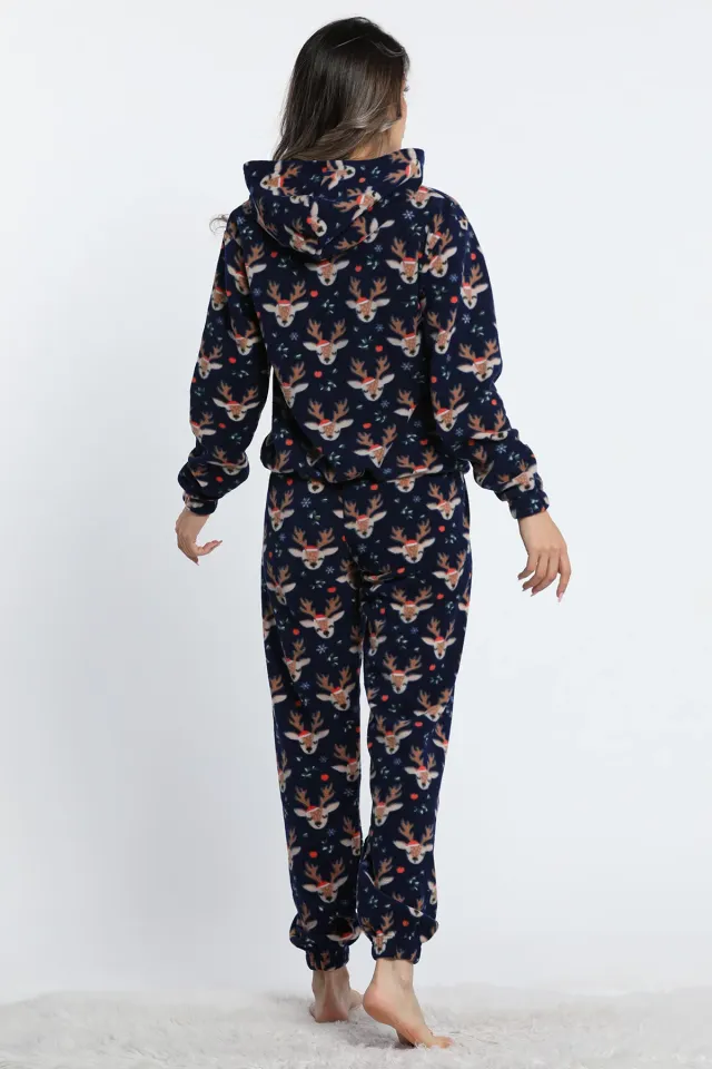 Kadın Kapüşonlu Bel Ve Paça Lastikli Geyik Desenli Polar Pijama Lacivert