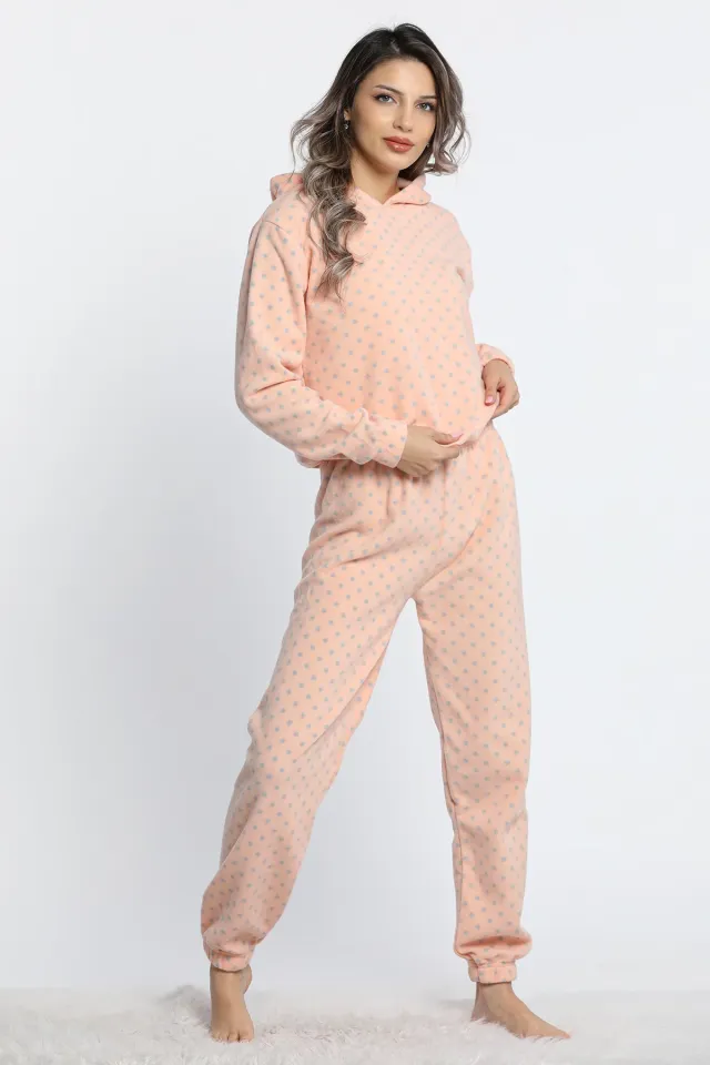 Kadın Kapüşonlu Bel Ve Paça Lastikli Puantiyeli Polar Pijama Takımı Somon