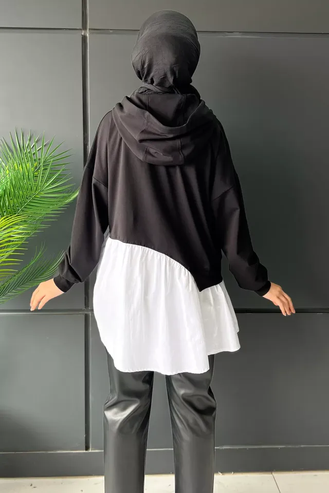 Kadın Kapüşonlu Etek Ucu Gömlek Detaylı Tesettür Tunik Siyah