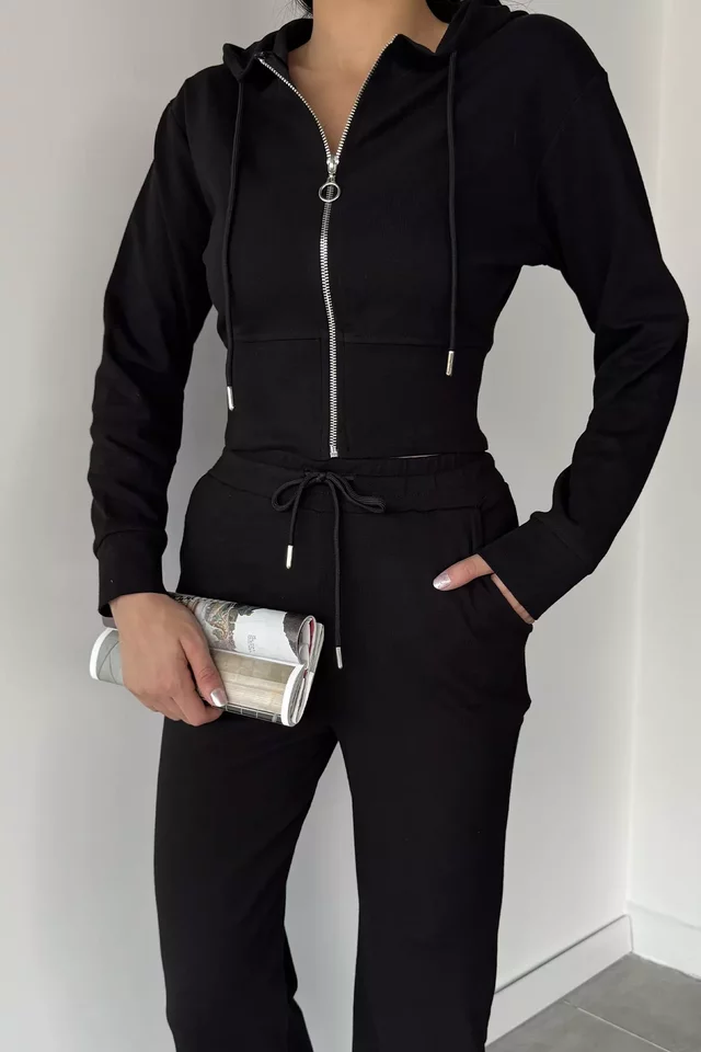 Kadın Kapüşonlu Fermuarlı Sweat Pantolon İkili Takım - 2