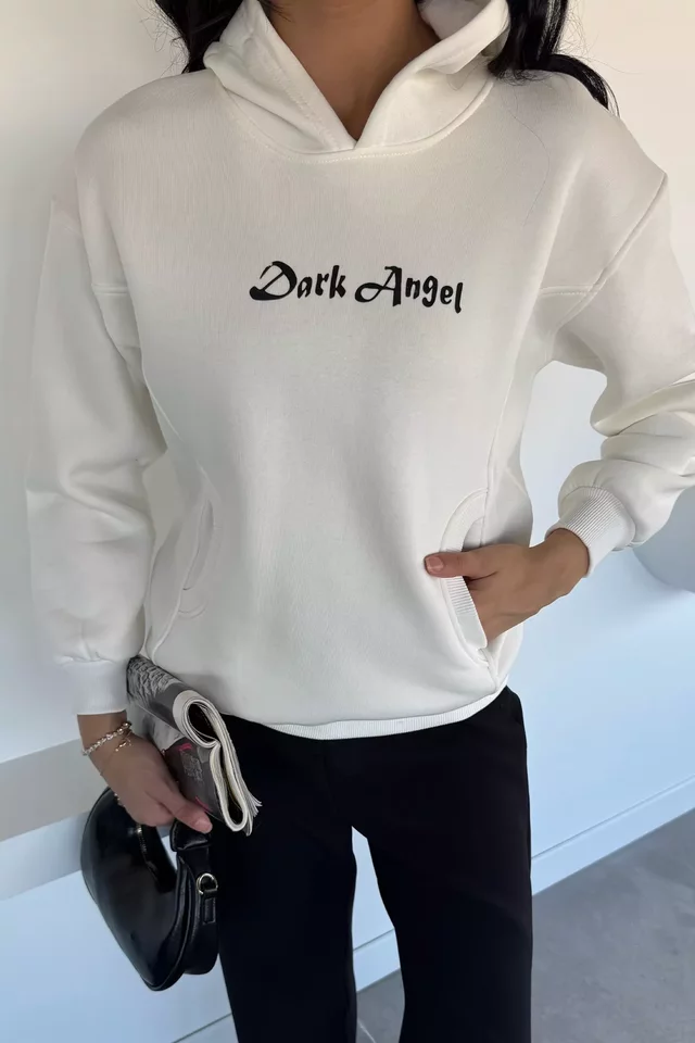 Kadın Kapüşonlu Kanguru Cepli Baskılı Üç İplik Şardonlu Sweatshirt - 1