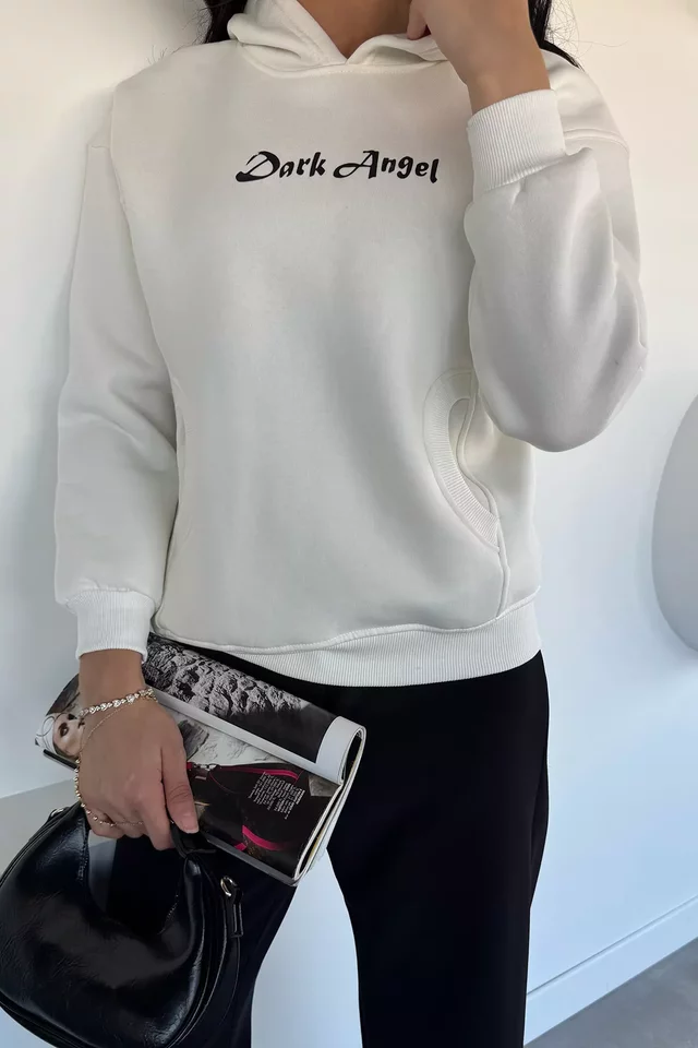 Kadın Kapüşonlu Kanguru Cepli Baskılı Üç İplik Şardonlu Sweatshirt